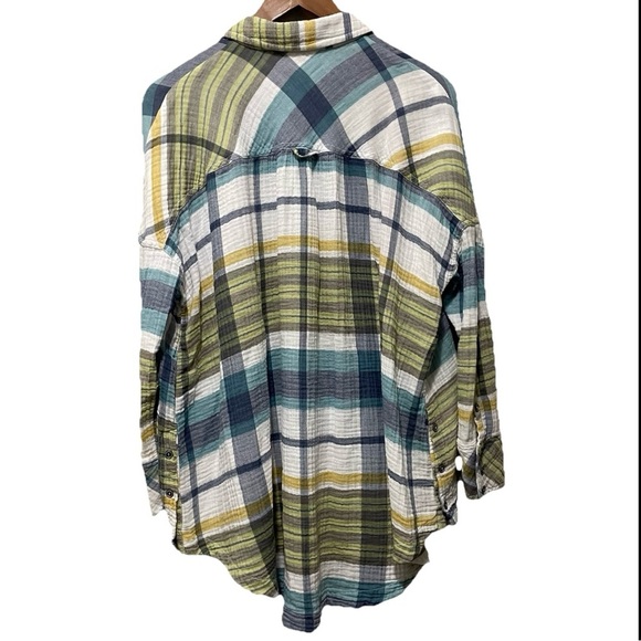 Free People XS Plaid Button-Up Shirt Oversized, Lightweight 100% Cotton - Picture 4 of 6